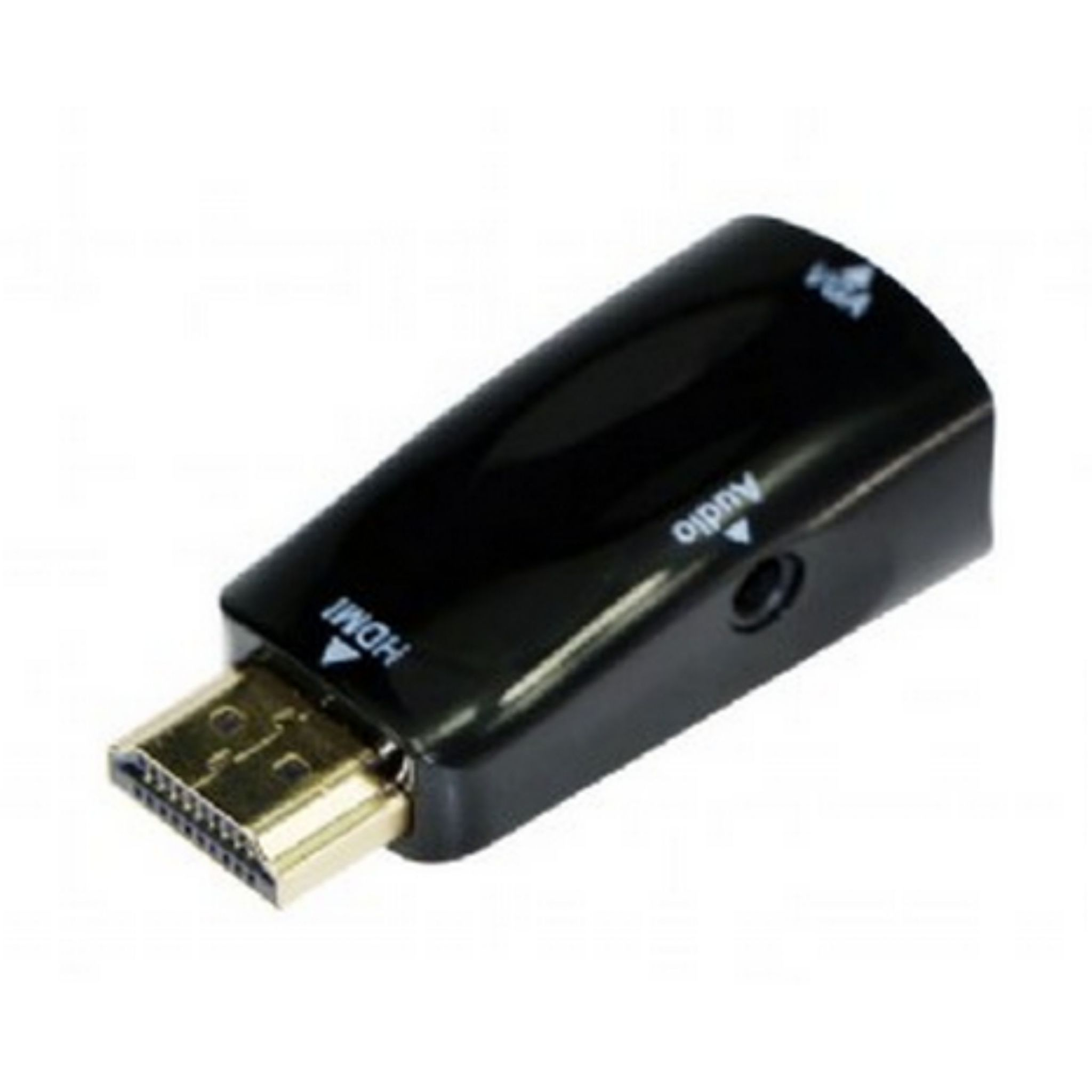 Adaptador HDMI negro con la marca y puerto de audio. Es un adaptador HDMI.