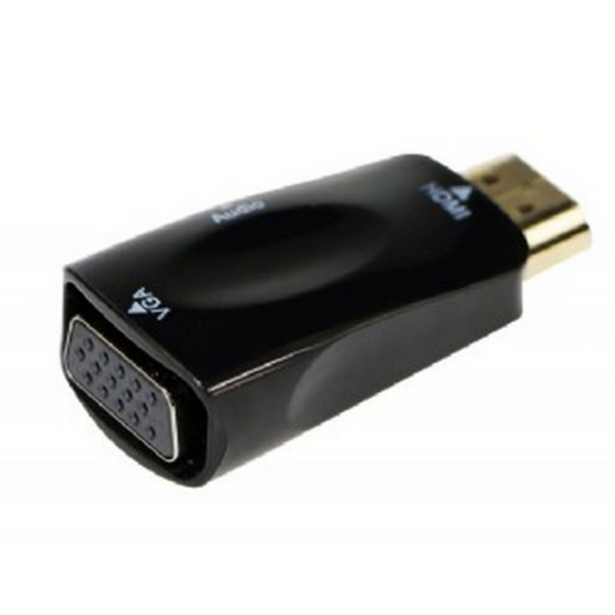 Adaptador HDMI a VGA negro con puerto de audio.
