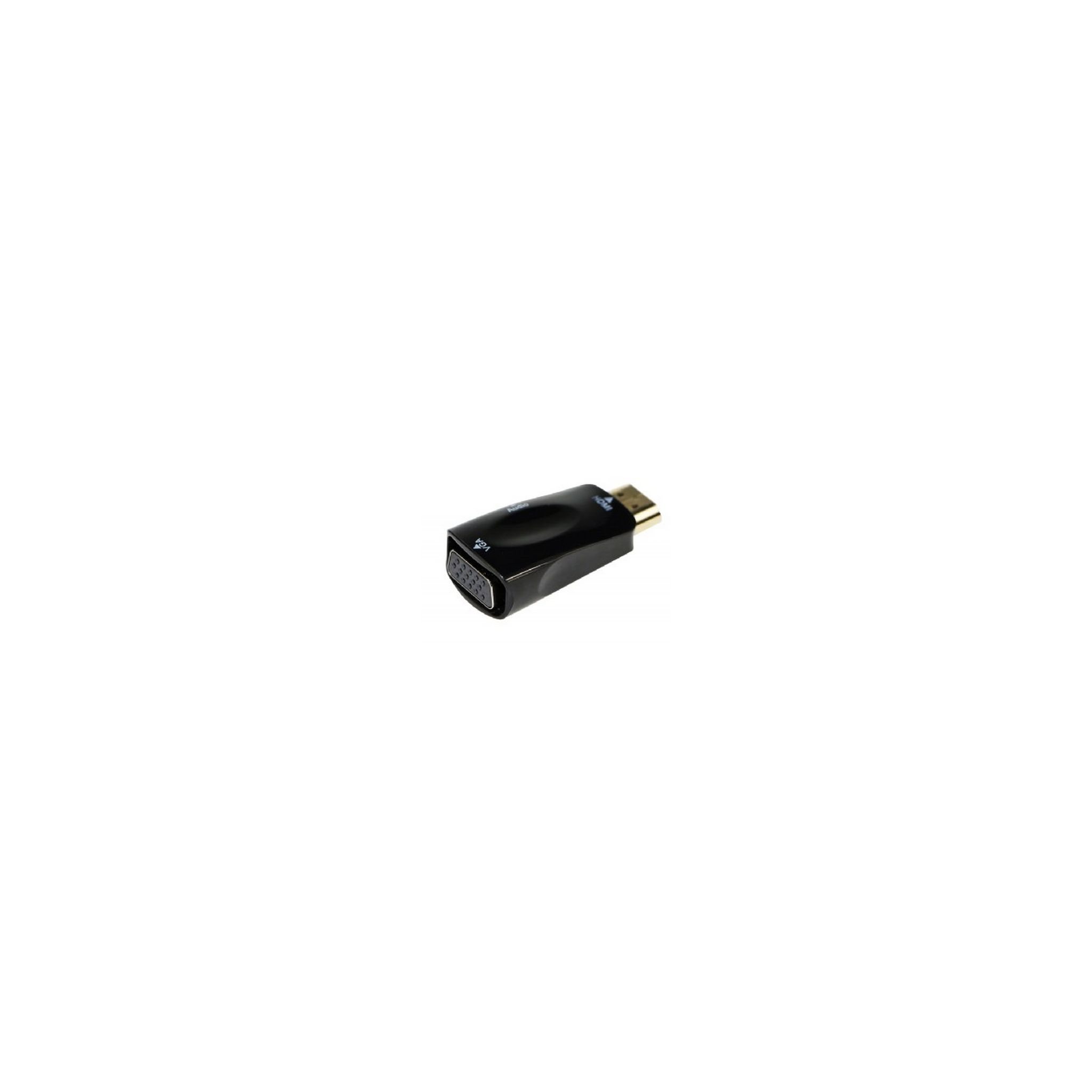 Adaptador HDMI a VGA negro sobre fondo blanco.