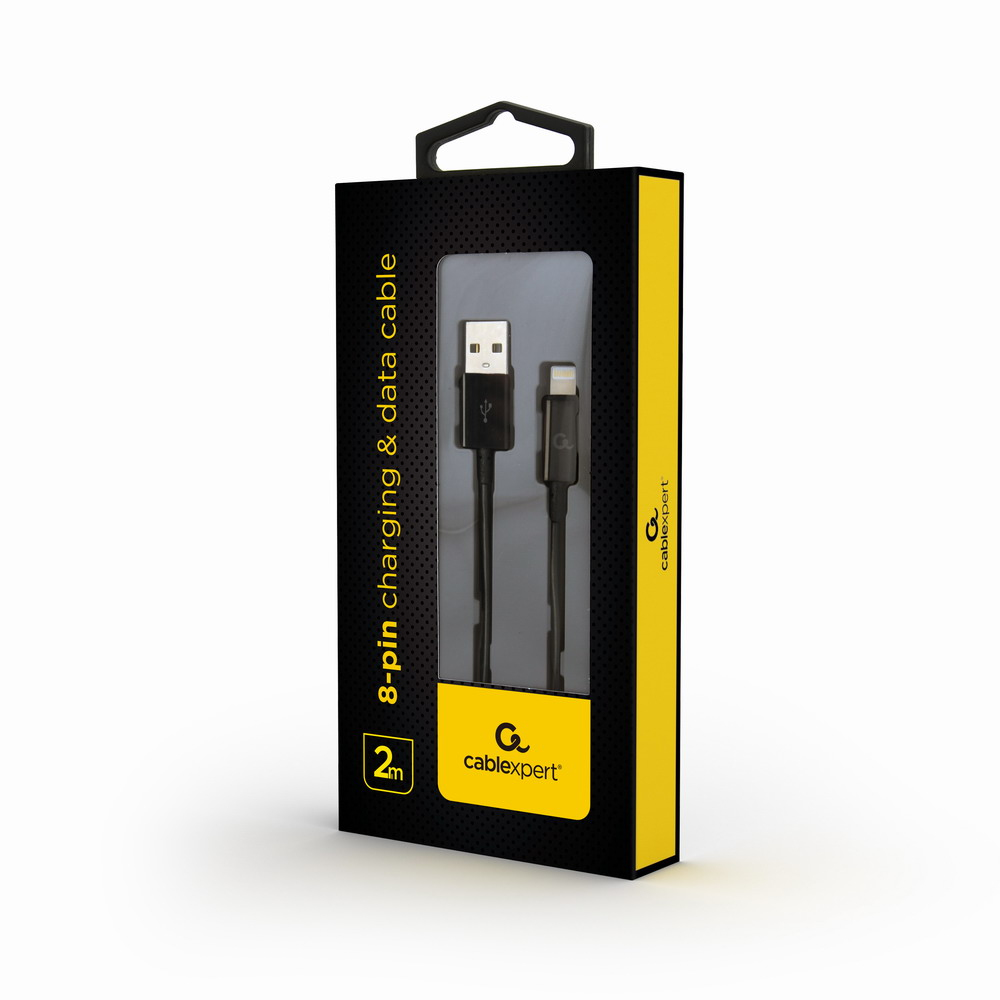 Czarne pudełko z widocznym kablem USB do Lightning. Na pudełku napis '8-pin charging & data cable 2m'.