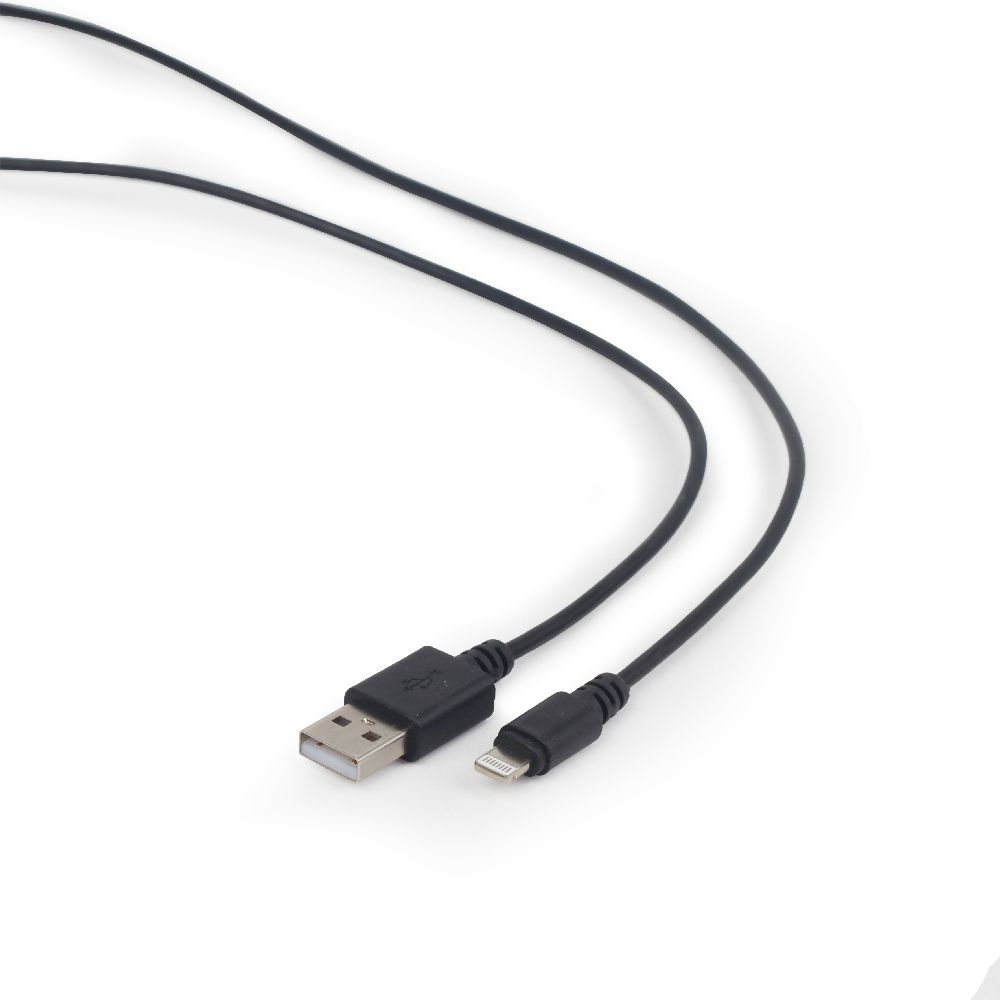Czarny kabel USB do Lightning na białym tle.
