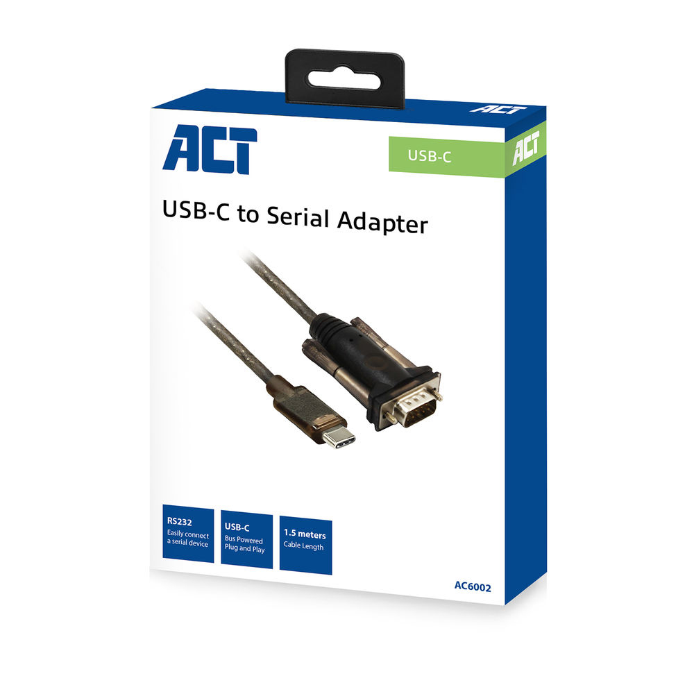 Una scatola dell'adattatore da USB-C a seriale con il prodotto, sfondo bianco.