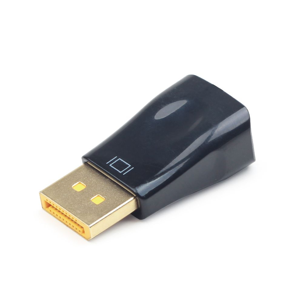 Zwarte DisplayPort-adapter. Het heeft een gouden connector en een zwarte behuizing.