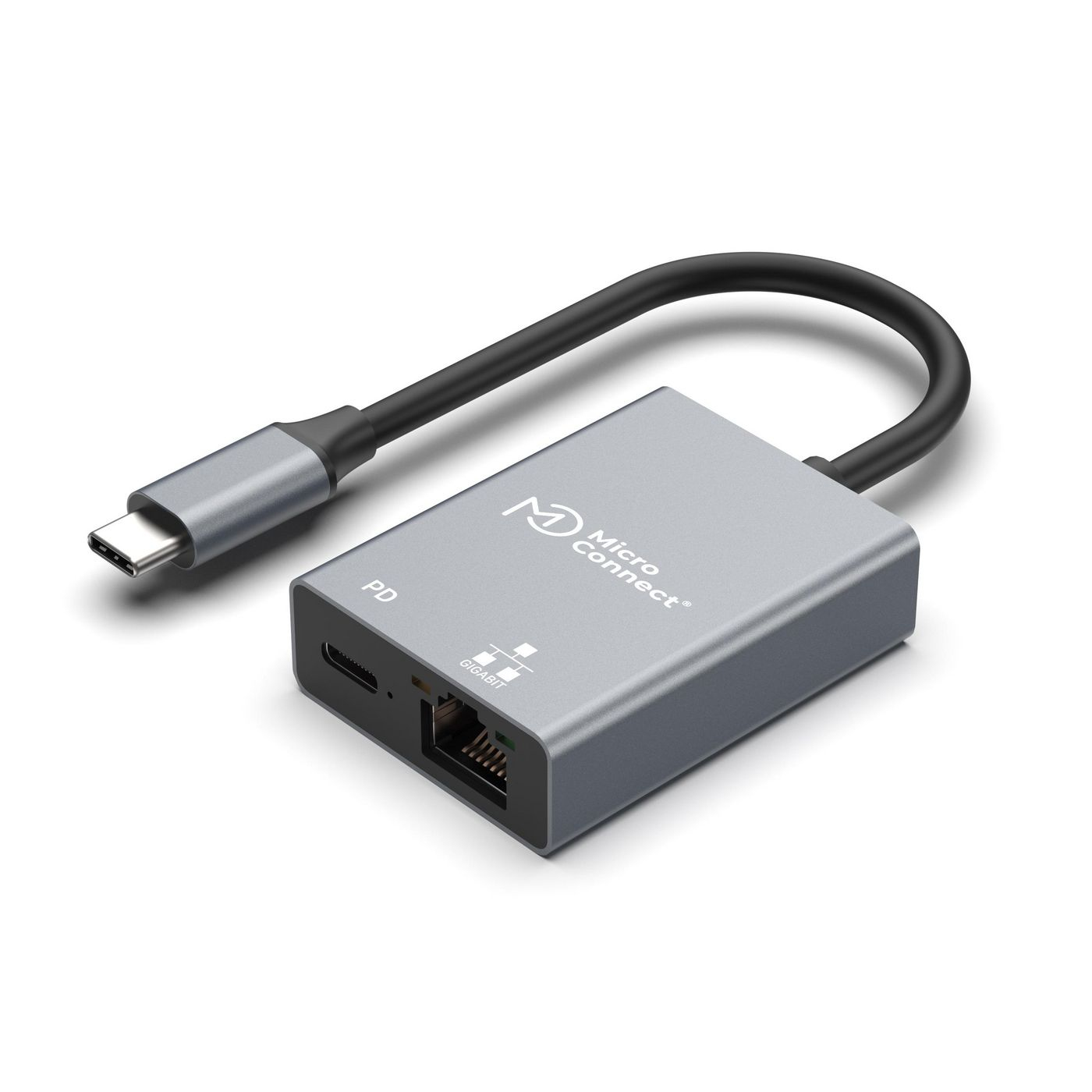 Adattatore PD Micro Connect grigio con cavo nero. Sfondo bianco.