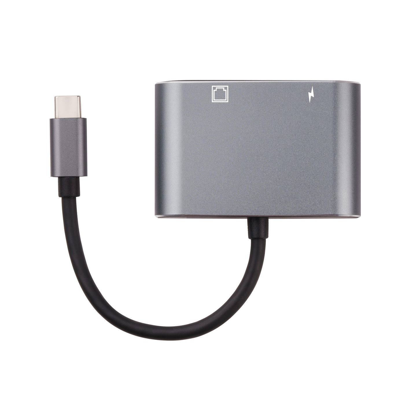 Adattatore hub USB-C, grigio. Cavo nero. Sfondo bianco.