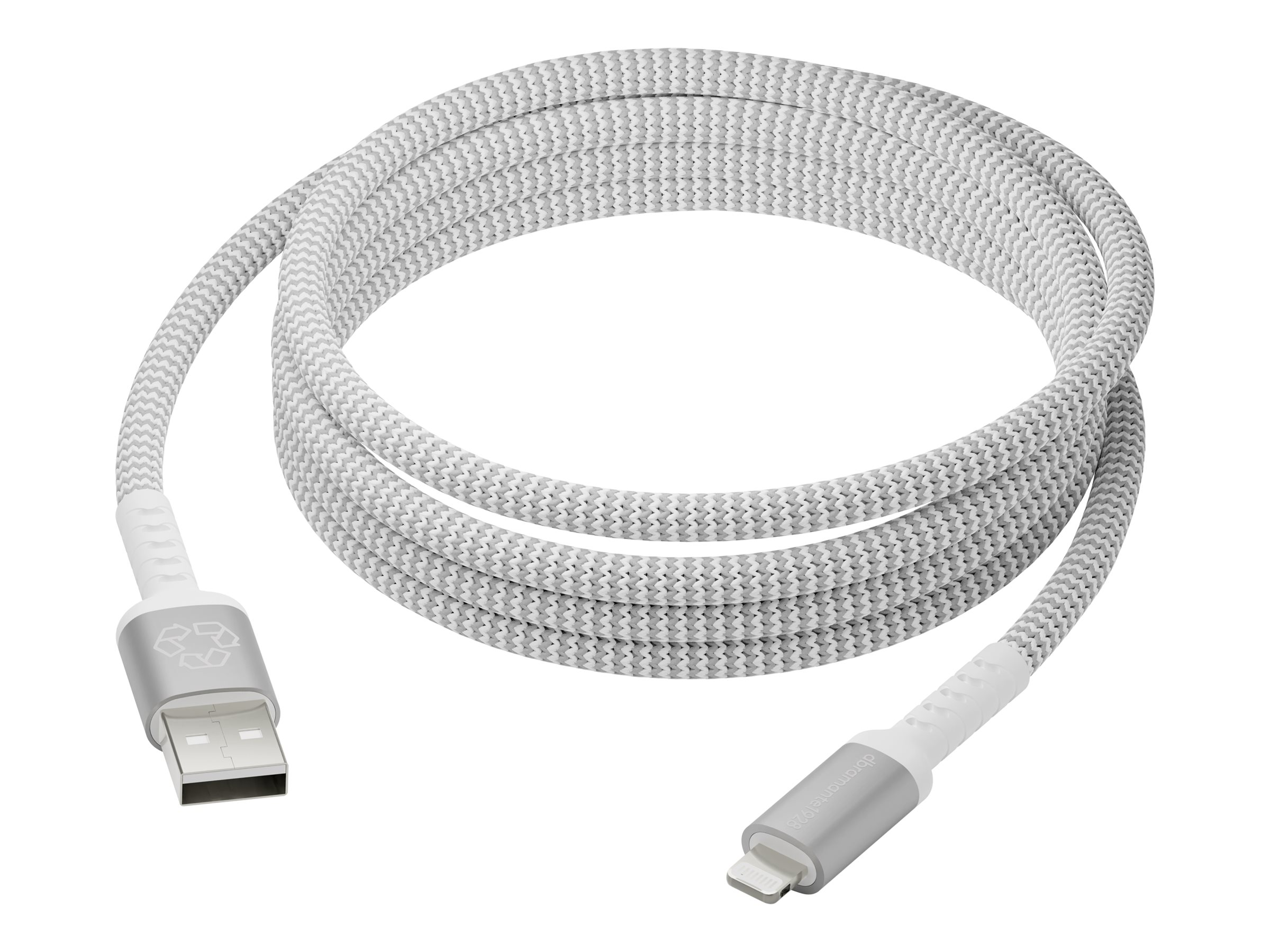 Biały kabel USB do Lightning, z teksturowanym wzorem, na białym tle.