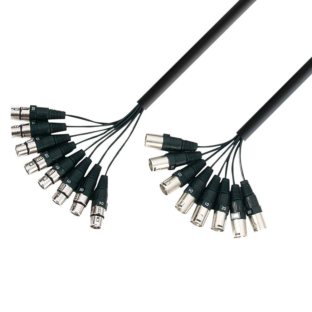 Due cavi neri con diversi connettori XLR su sfondo bianco.
