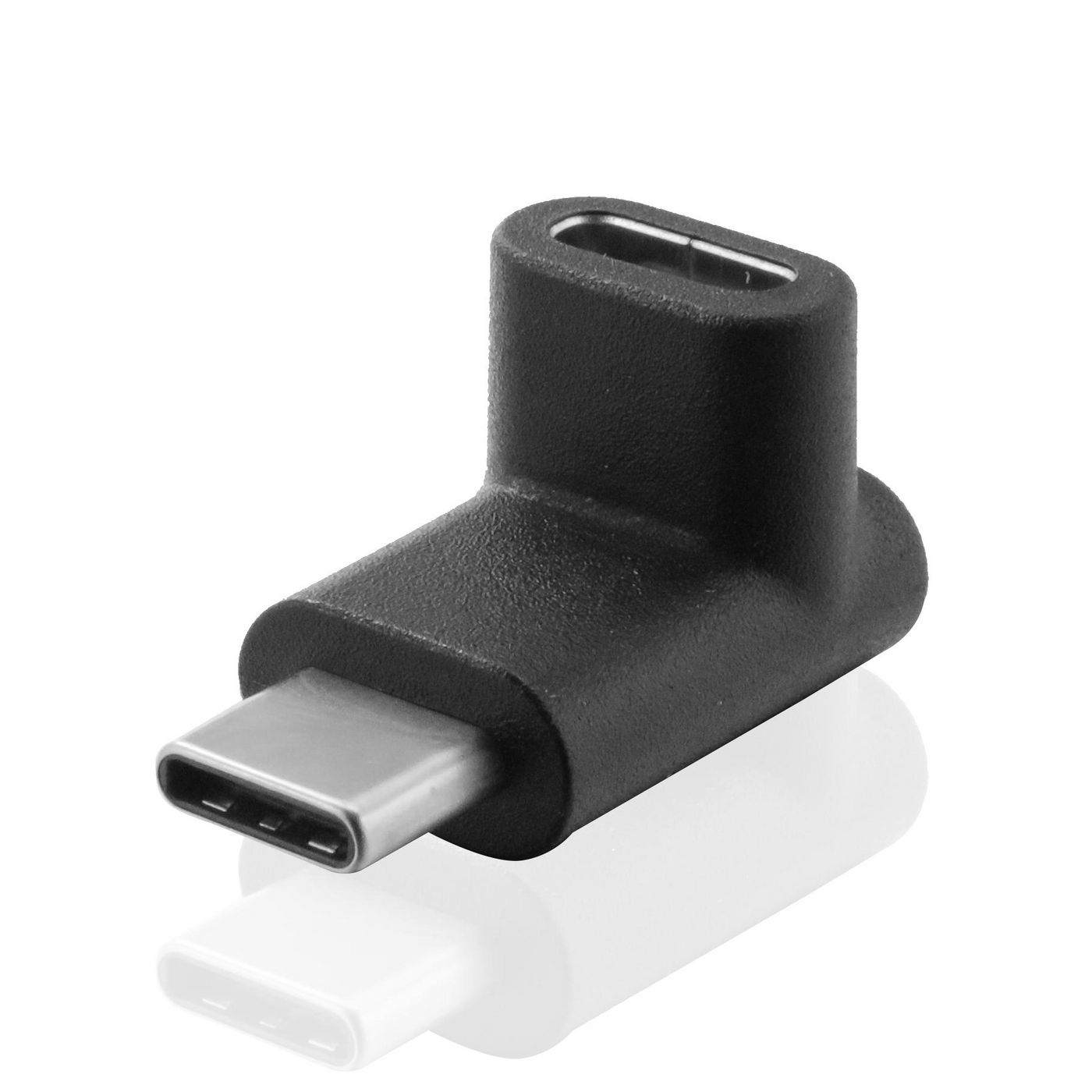 Adattatore USB-C nero, angolato, con connettore USB-C e porta USB-C femmina.