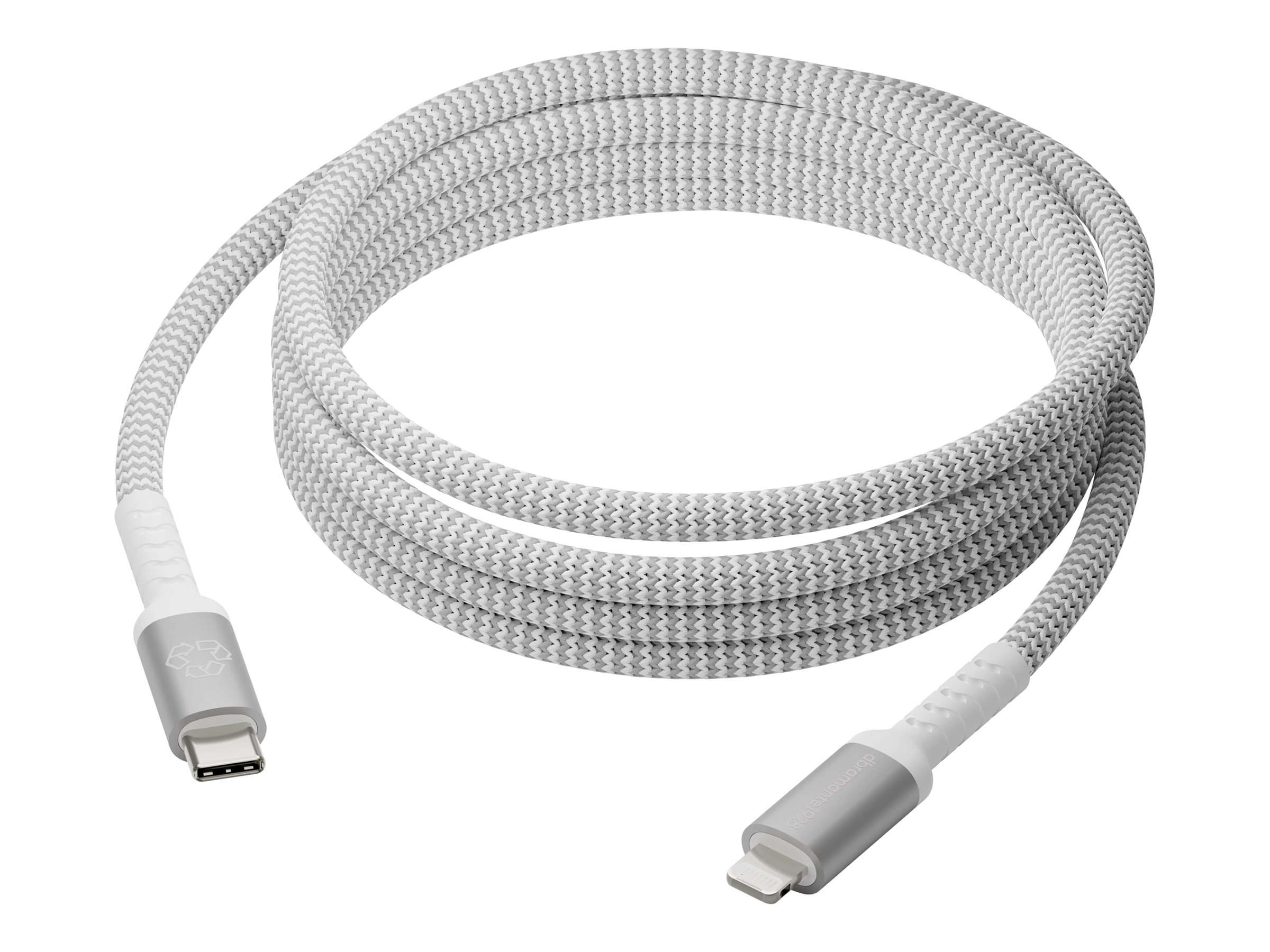 Biało-szary kabel USB-C do Lightning na białym tle.
