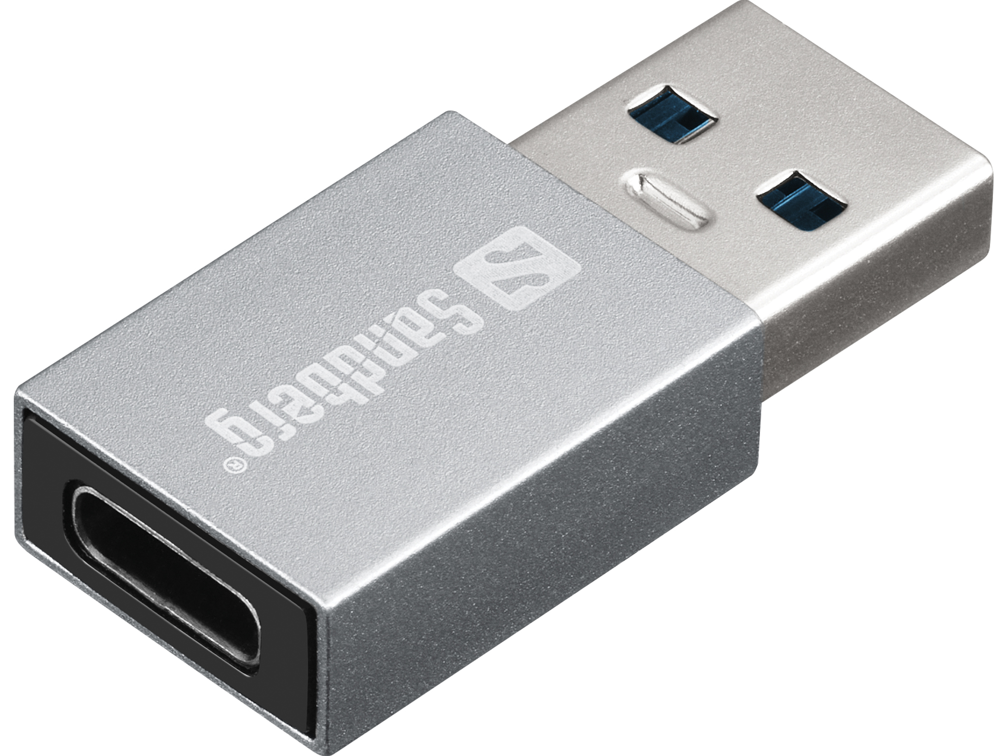Un adaptateur USB-C argenté avec un connecteur USB-A est affiché.
