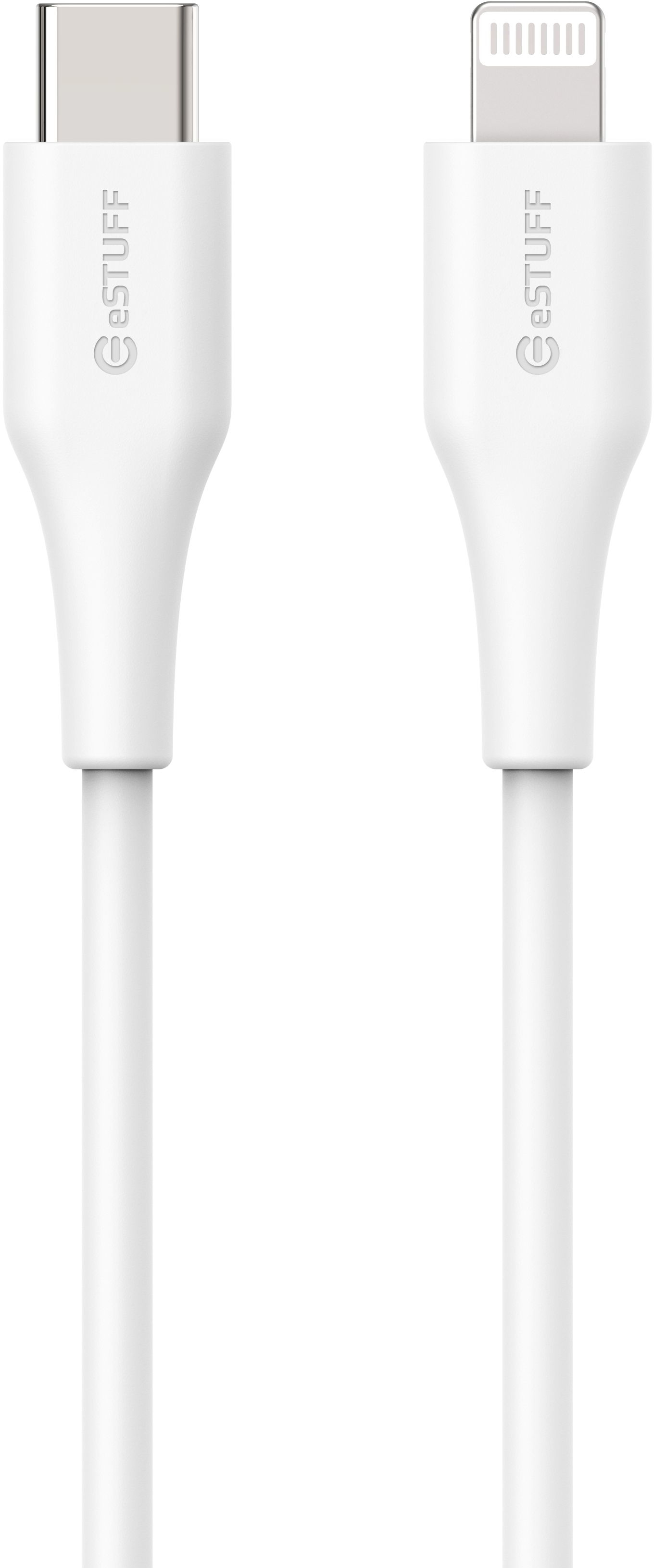 Cavo USB-C a Lightning bianco su sfondo bianco, con un logo.