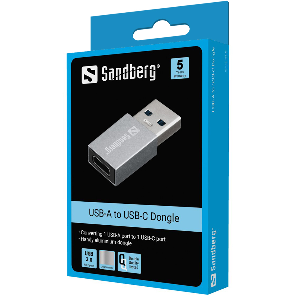 Dongle USB-A vers USB-C argenté dans une boîte bleue. La boîte indique 'Sandberg' et 'USB-A vers USB-C Dongle'.