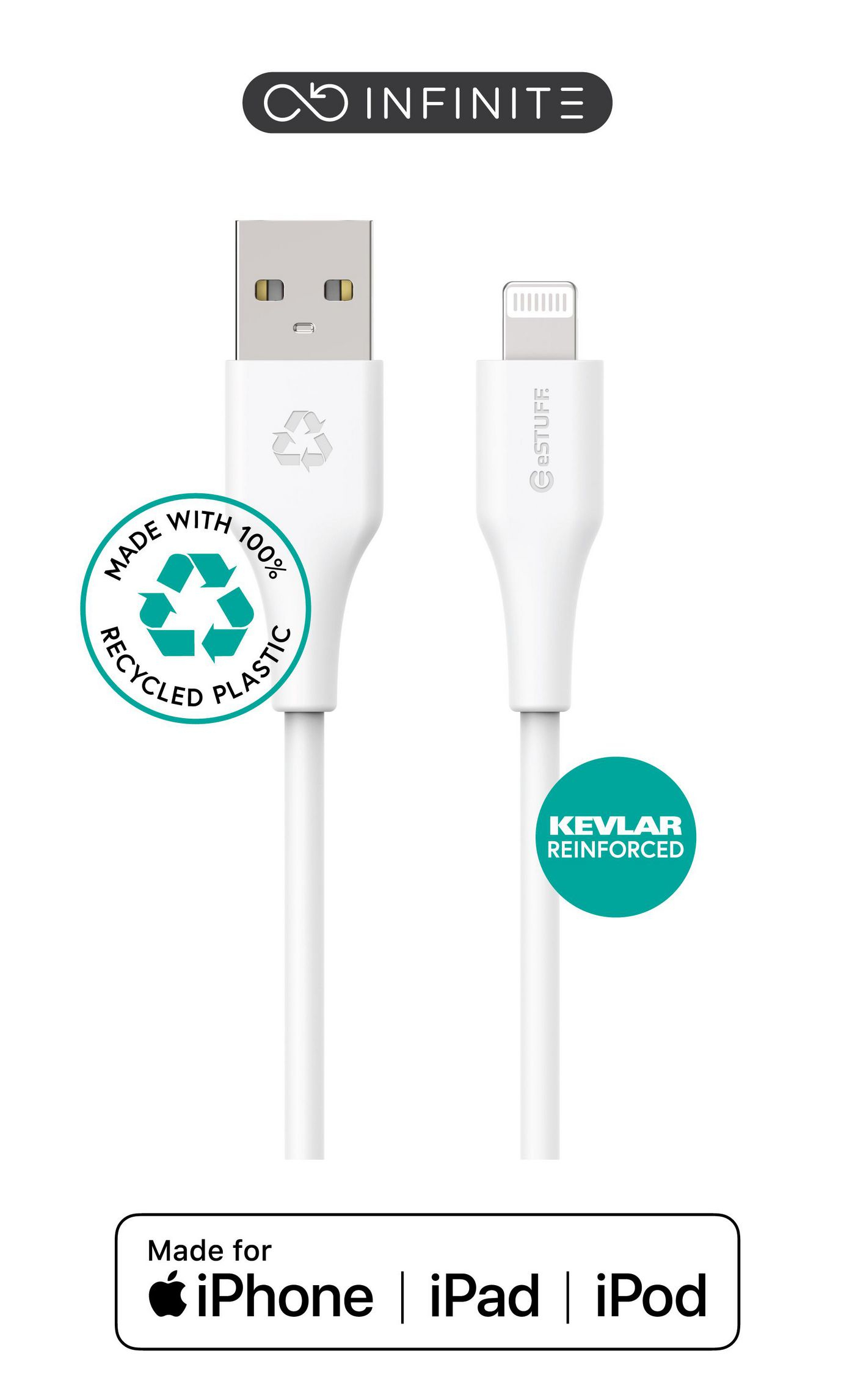 Un cavo bianco da USB a Lightning con loghi, realizzato in plastica riciclata e rinforzato con Kevlar.