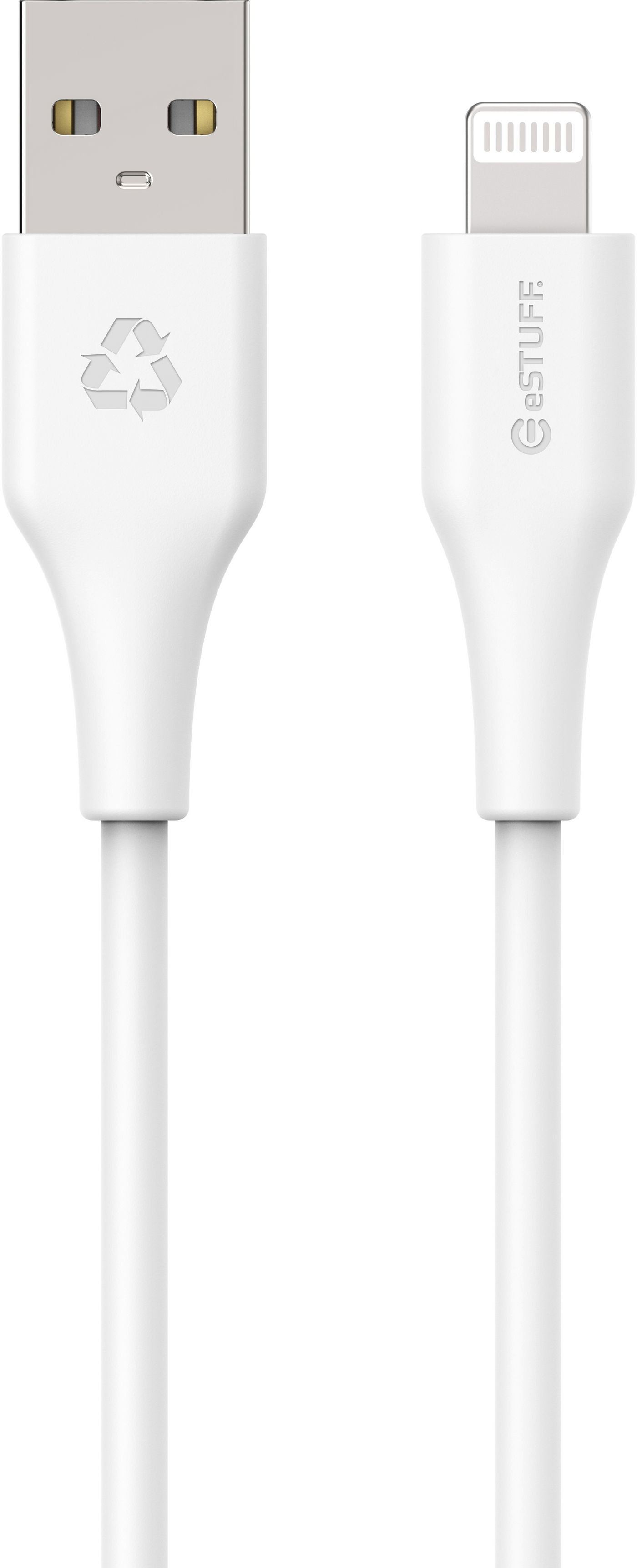Cavo da USB a Lightning bianco. Il connettore USB ha il logo del riciclo.