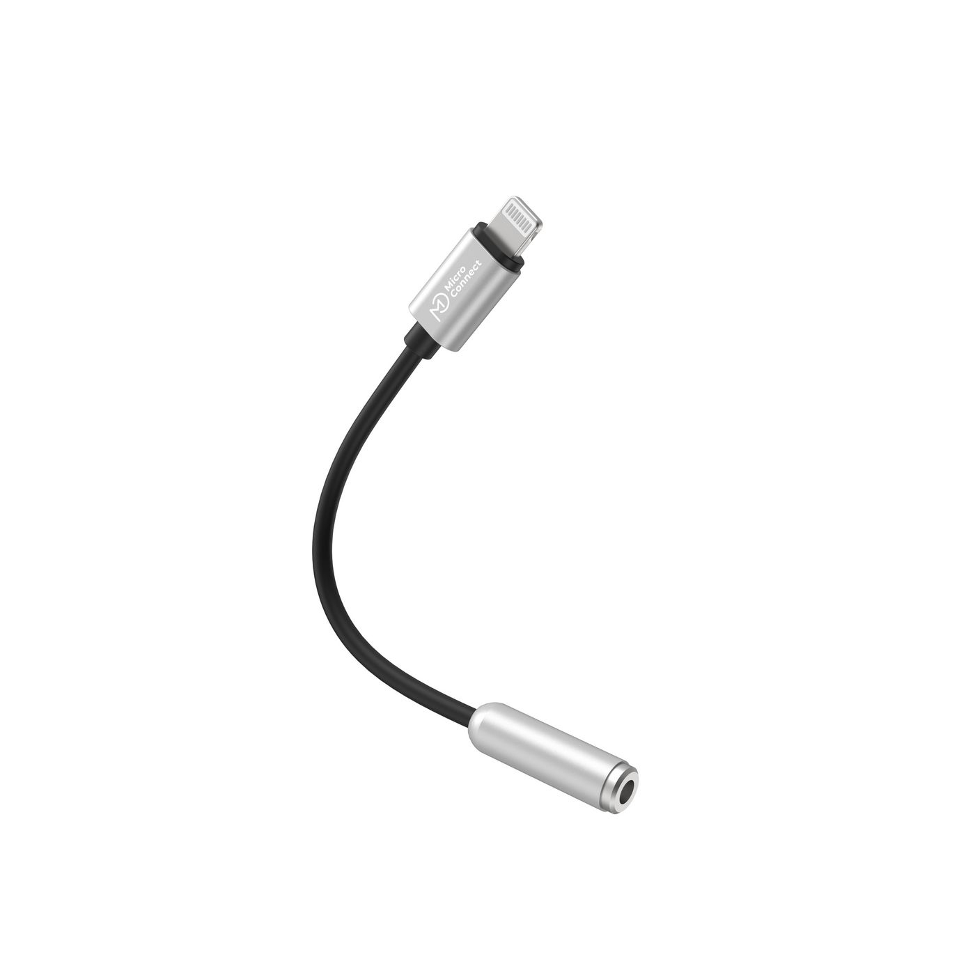 Un adattatore da Lightning a audio da 3,5 mm argentato. Cavo nero, connettori argentati, sfondo bianco.