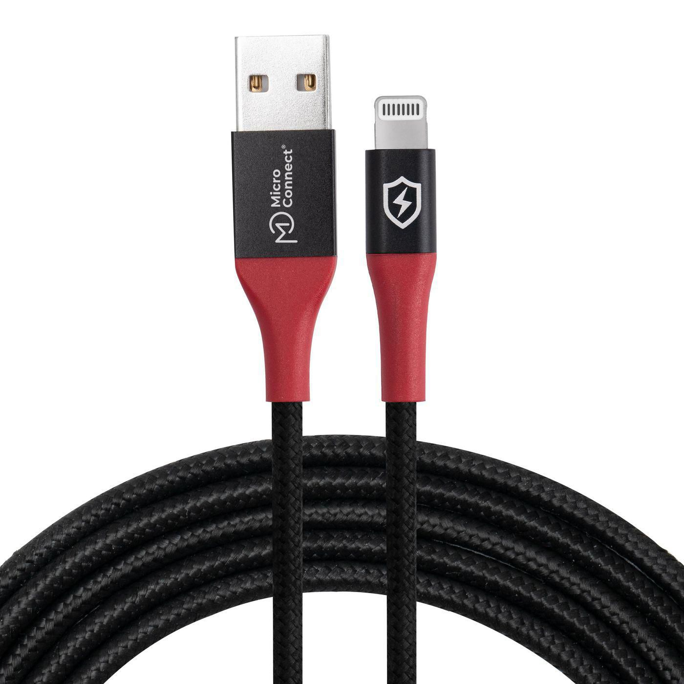 Cavo da USB a Lightning nero con dettagli rossi su sfondo bianco.