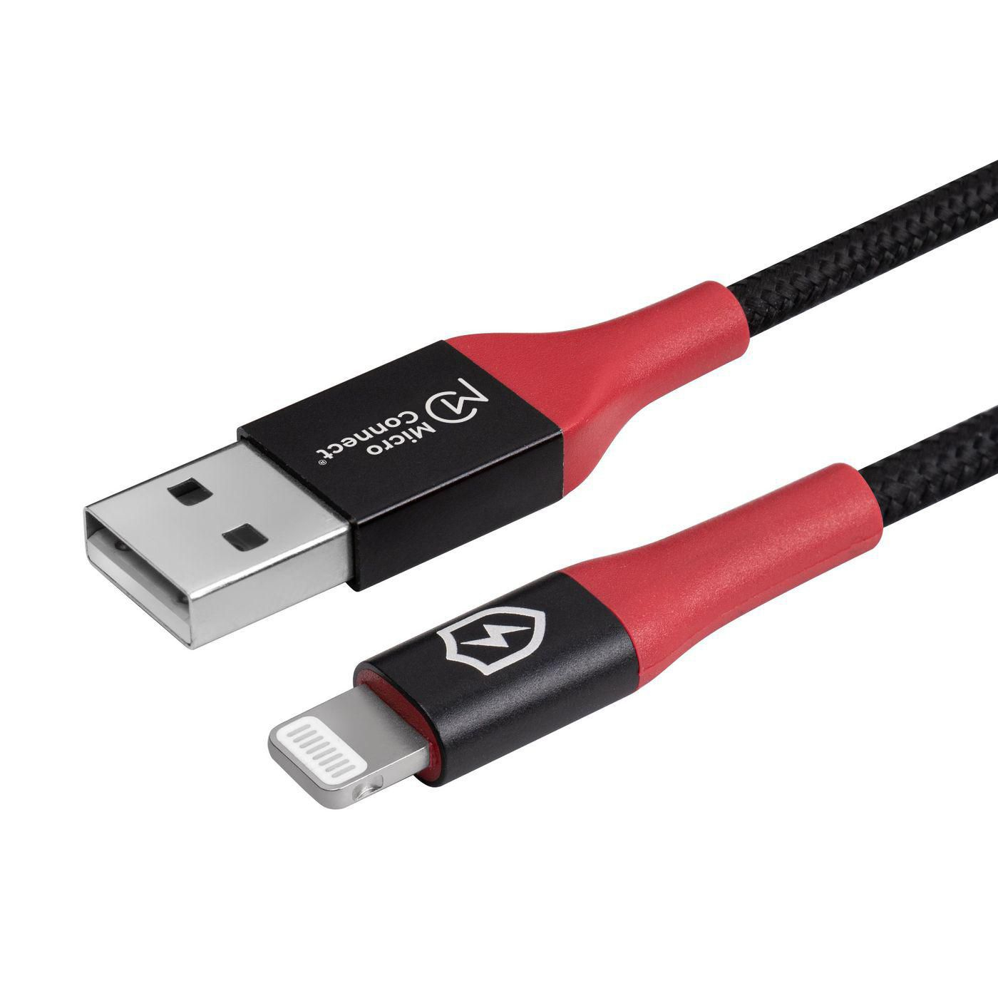 Cavo da USB a Lightning nero e rosso, con 'Micro Connect' e un logo a fulmine sui connettori.