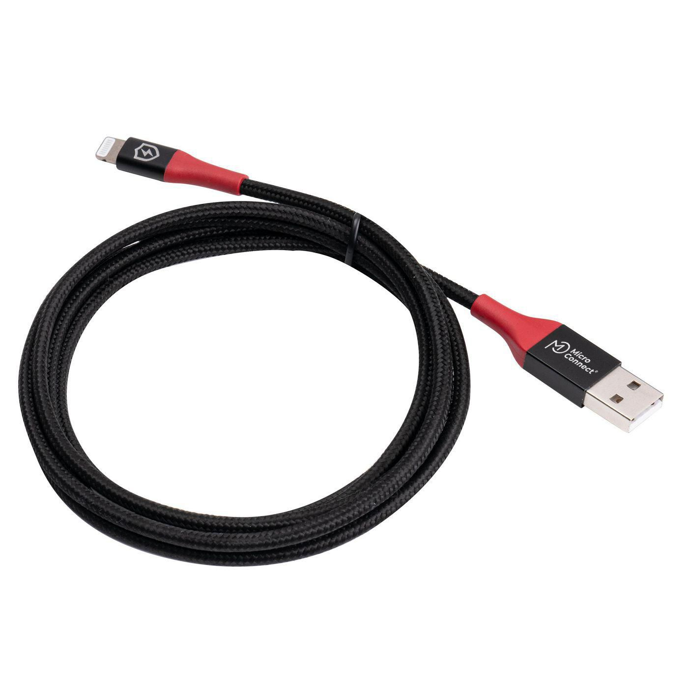 Cavo nero intrecciato con dettagli rossi e connettori. Connettori USB e Lightning visibili.