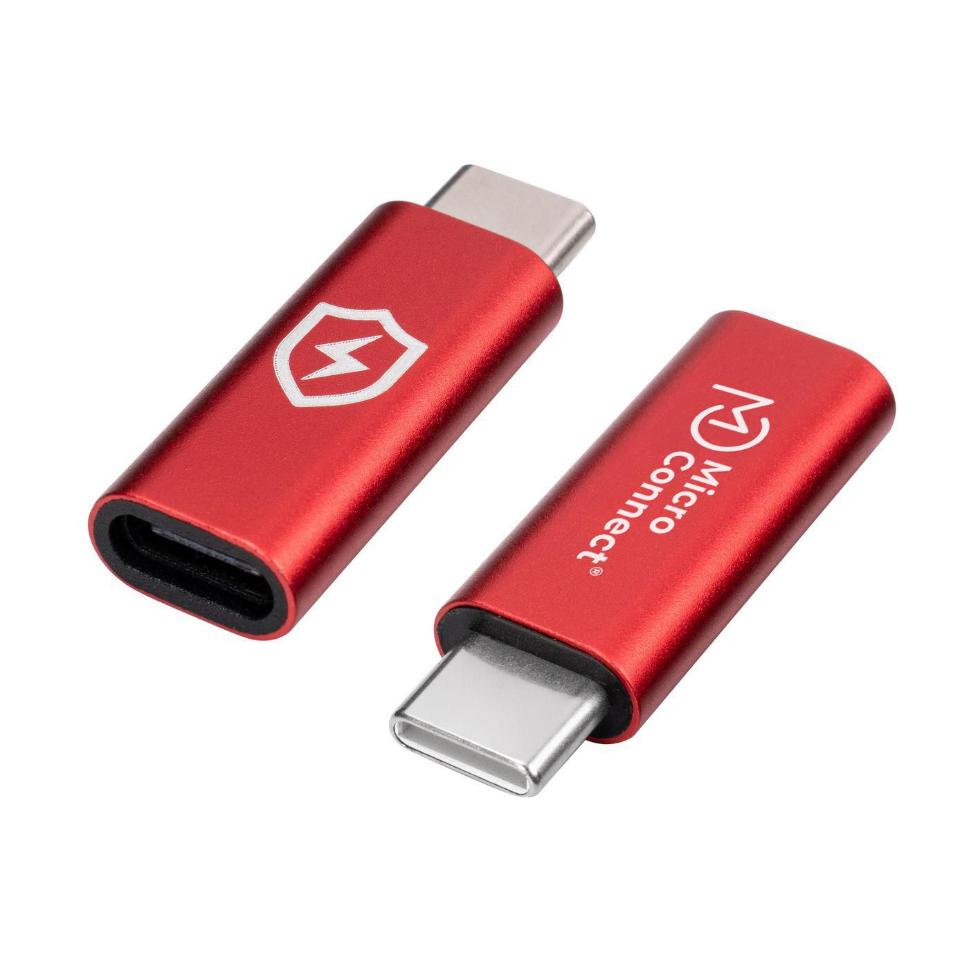 Due adattatori USB-C rossi. Sfondo bianco, testo Micro Connect.
