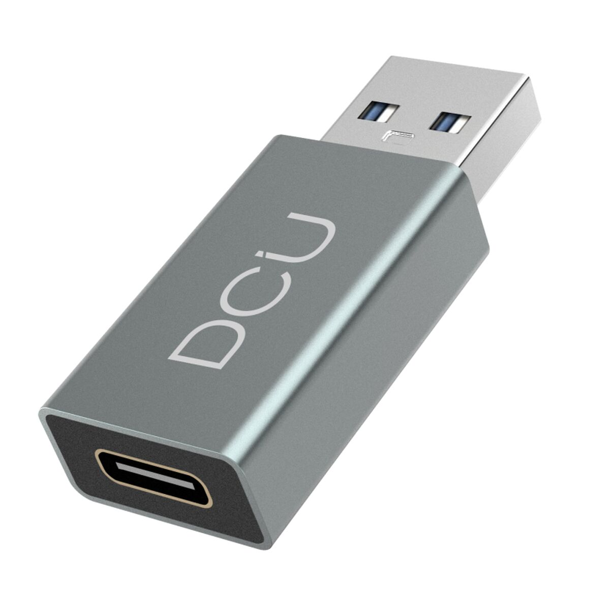 Un adaptador gris de USB-C a USB con el logotipo de DCU.