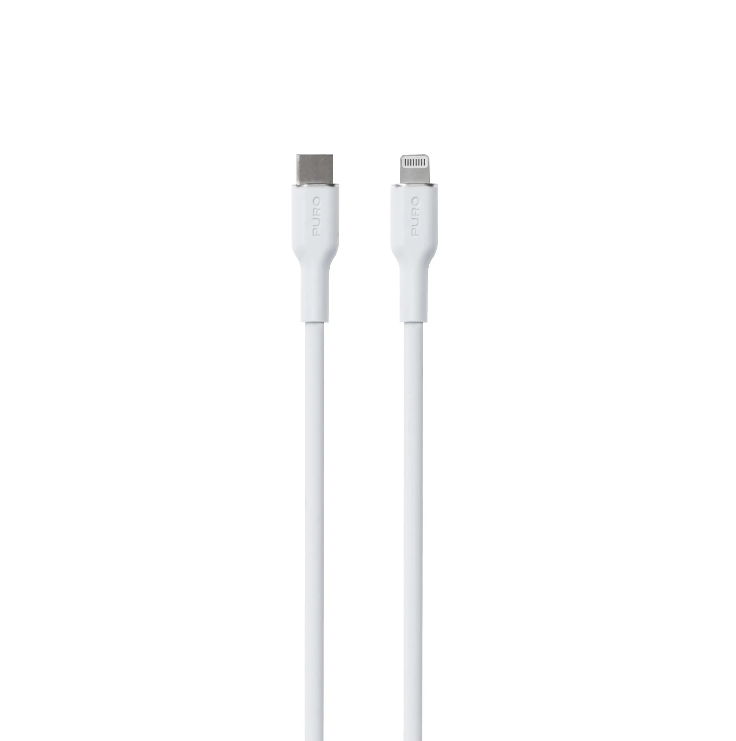 Cavo bianco con connettori USB-C e Lightning, sfondo bianco.