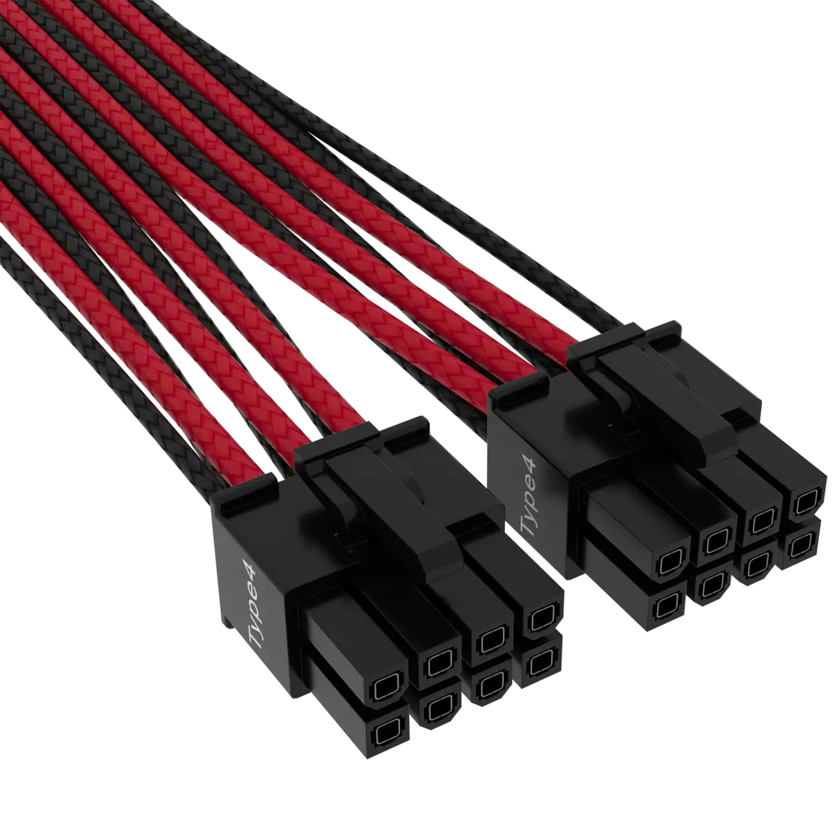 Primer plano de cables de alimentación de PC rojos y negros con conectores negros.