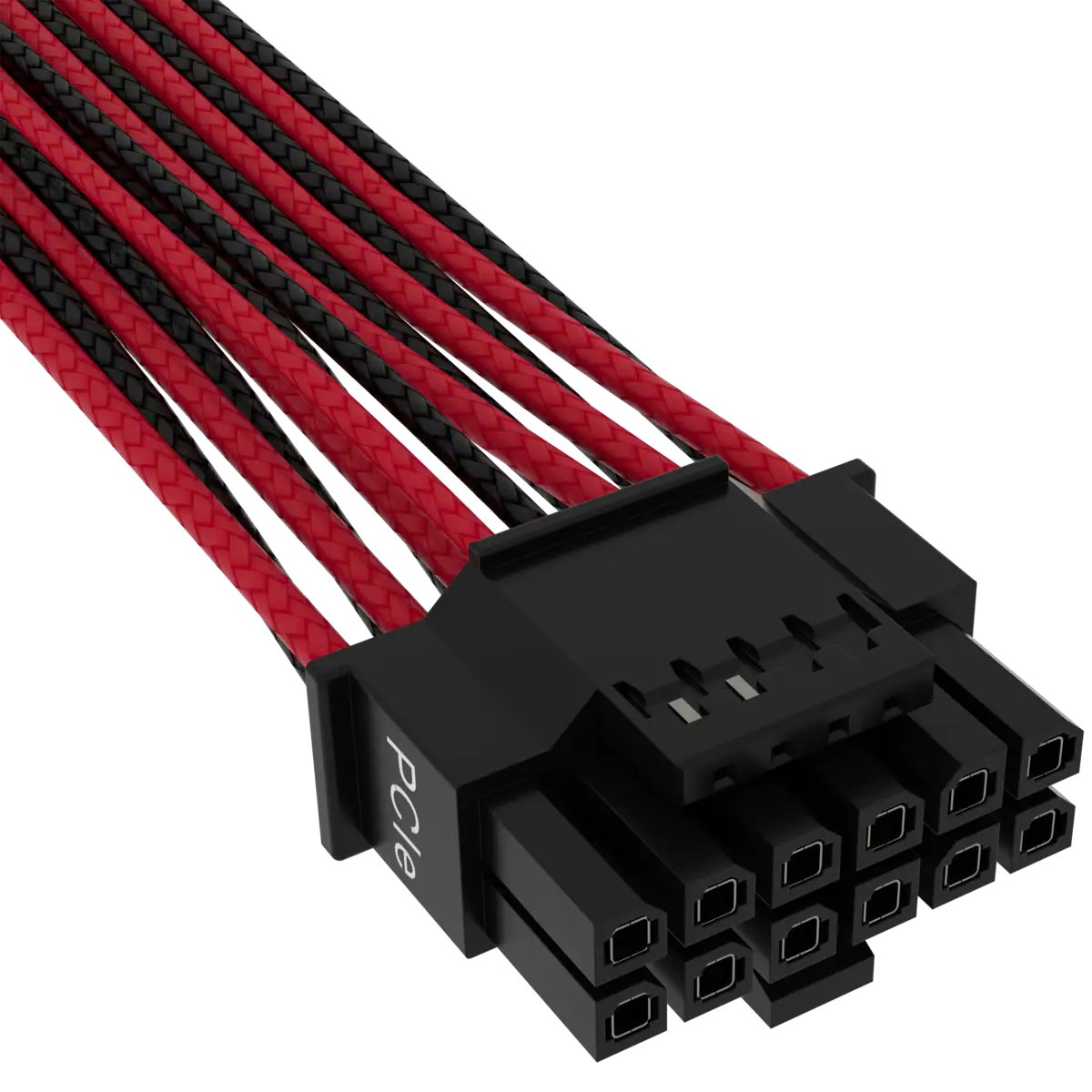 Cable de alimentación de PC con cables rojos y negros y un conector negro.