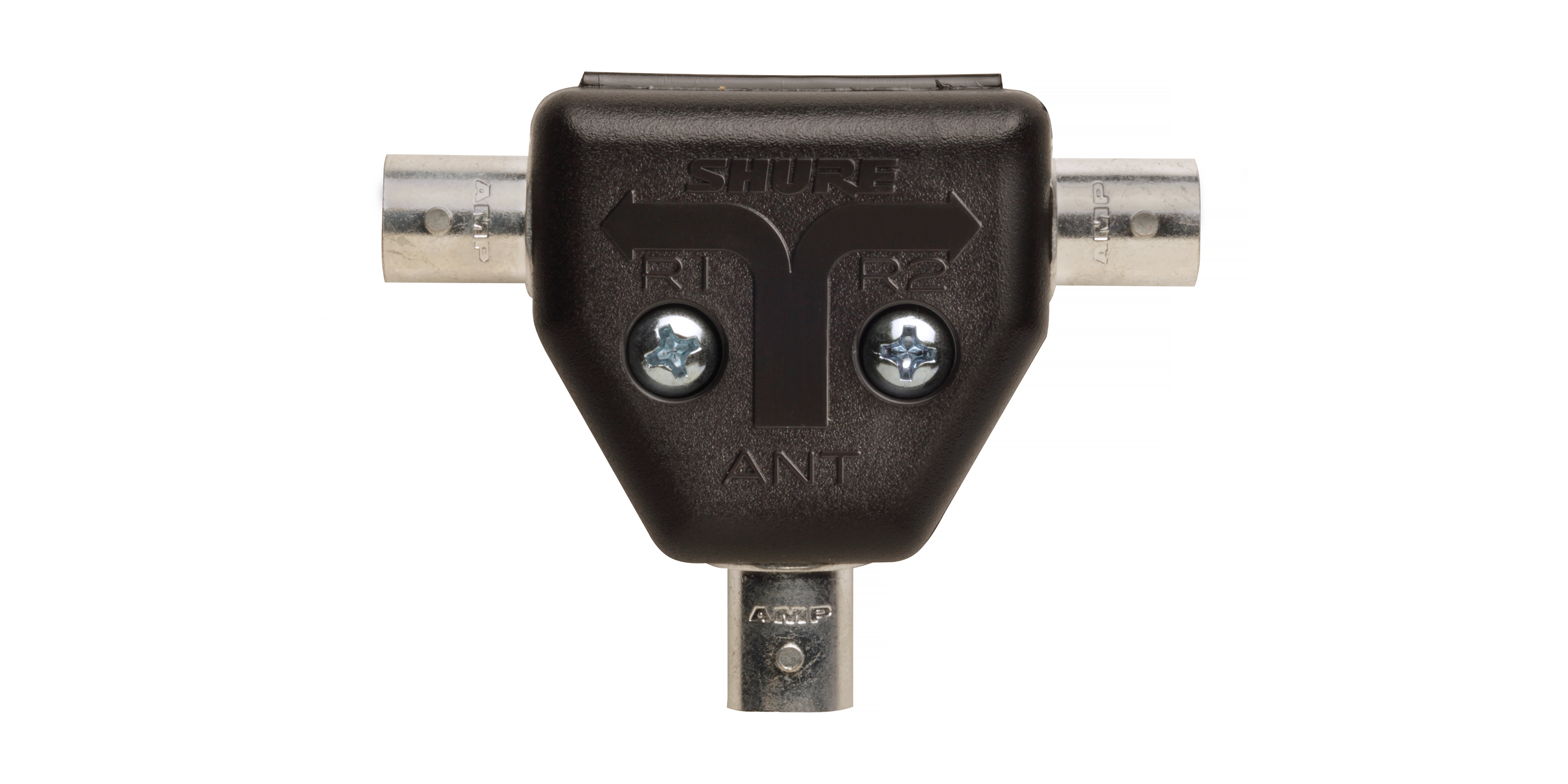 Connettore antenna nero a forma di T con testo. Sfondo bianco.