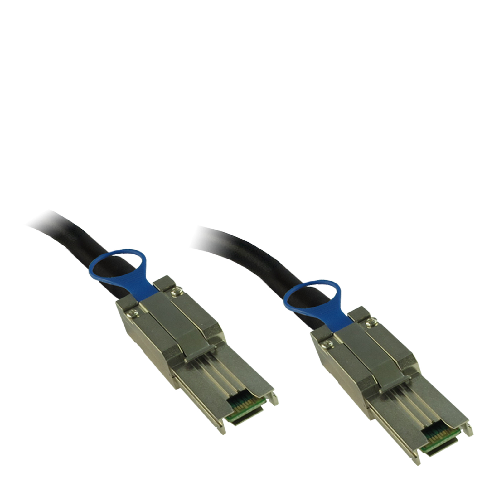 Due connettori SFP+ argentati con linguette blu, su cavo nero.