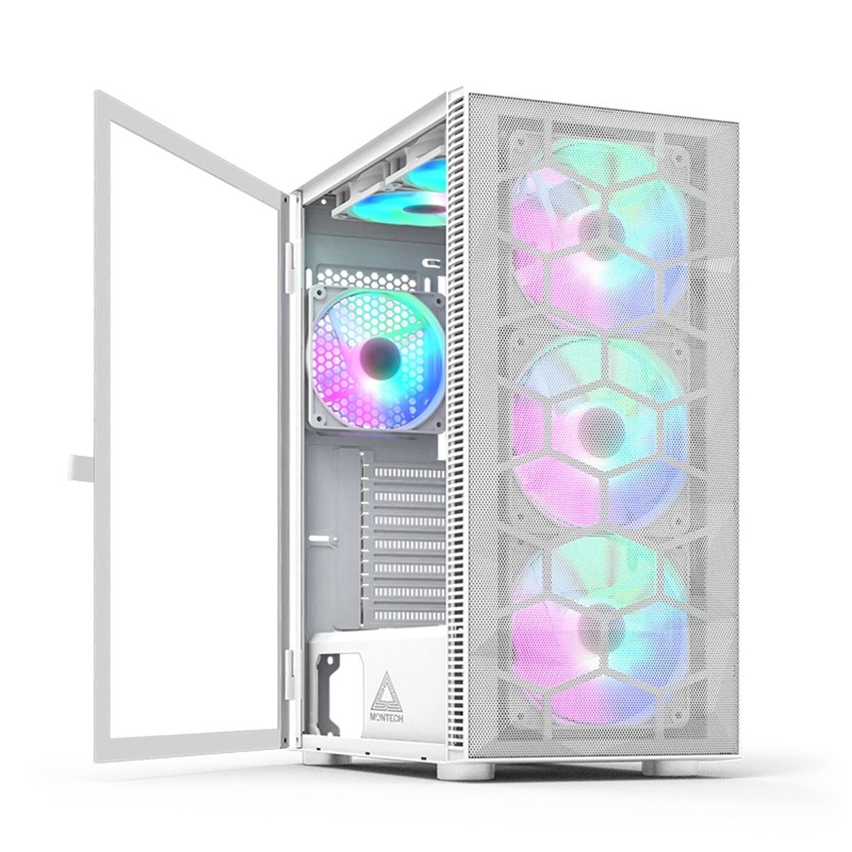 Witte computerkast met open zijpaneel. Ventilatoren met regenbooglichten. Montech-logo aanwezig.