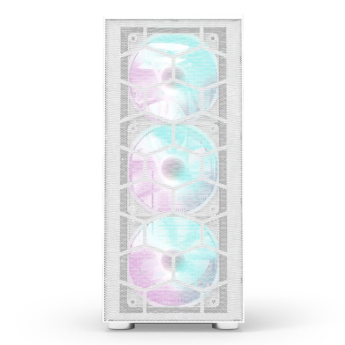 Witte computerkast met drie zichtbare ventilatoren. Ventilatoren met regenbooglichten. Voor witte achtergrond.