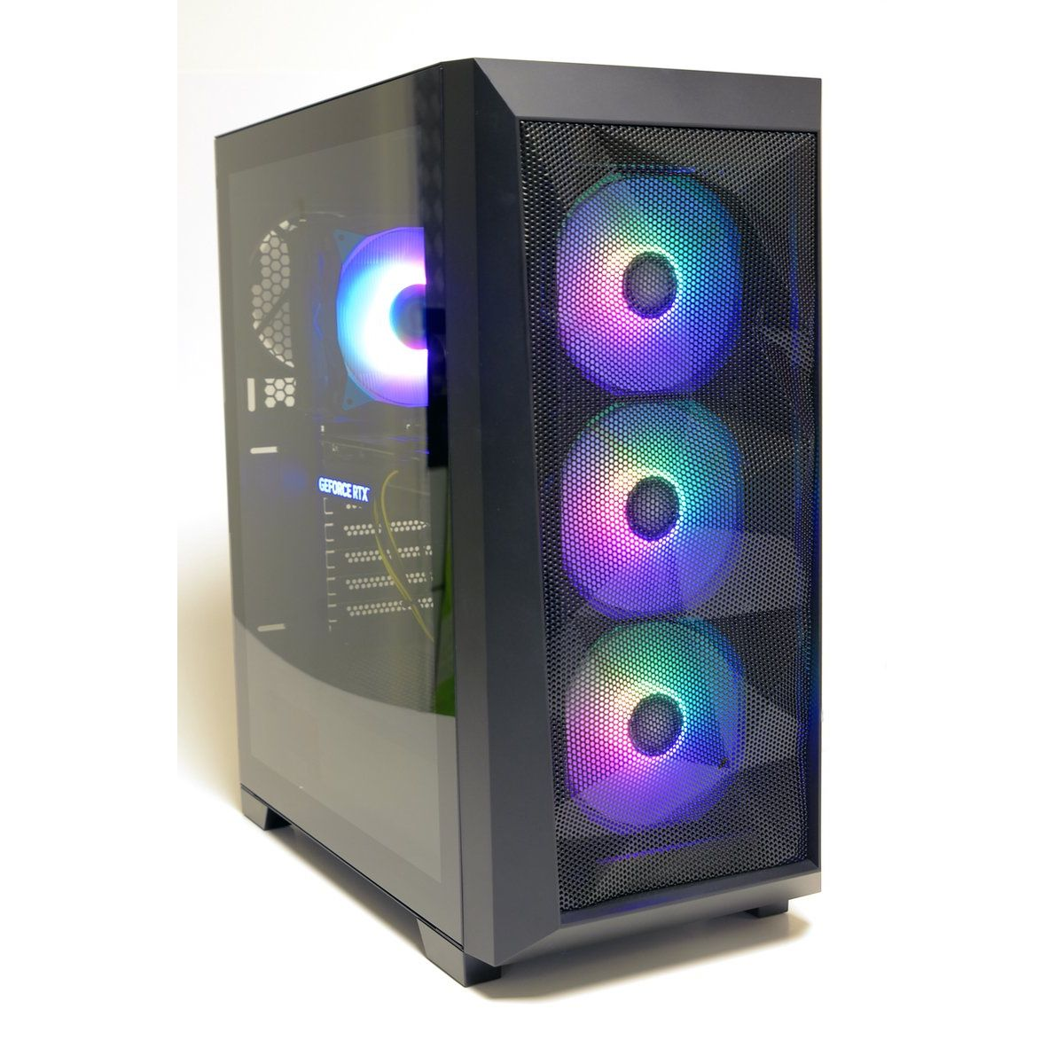 Black computer case with glass side. Three fans with rainbow lights. GeForce RTX logo visible.