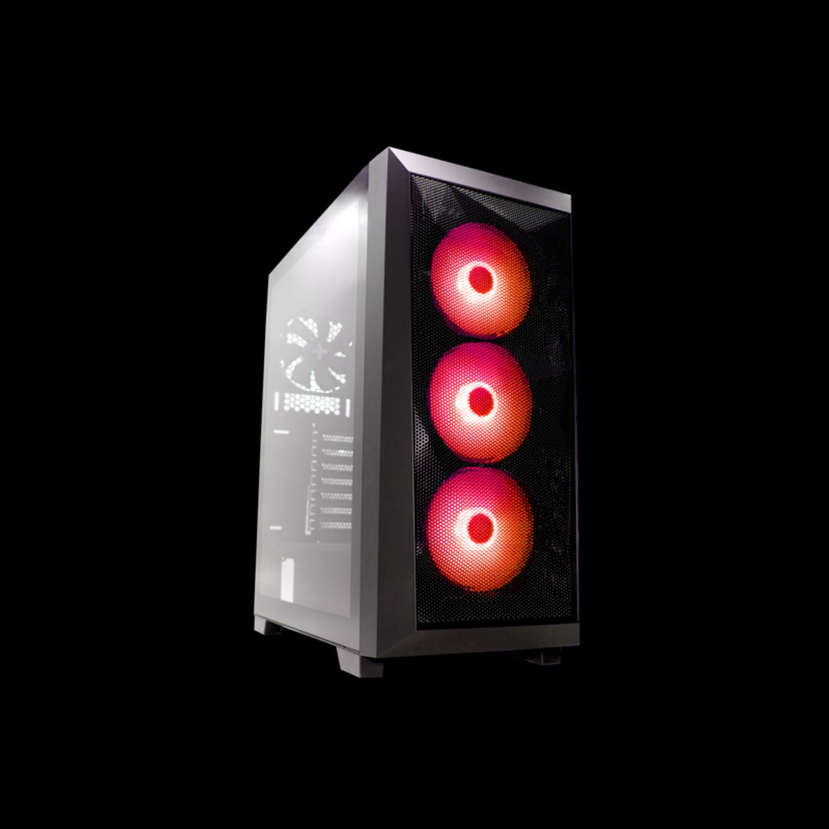 Black computer case with three red lit fans. The background is a solid black color.