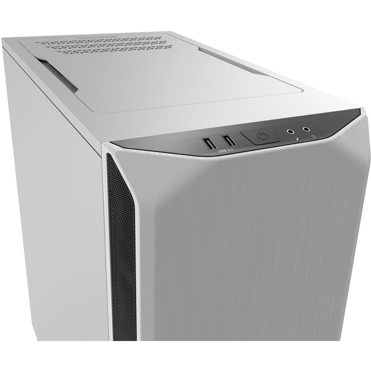 Een witte computerkast, bovenaanzicht. USB-poorten en een aan/uit-knop zijn zichtbaar. De kast is schoon en modern.