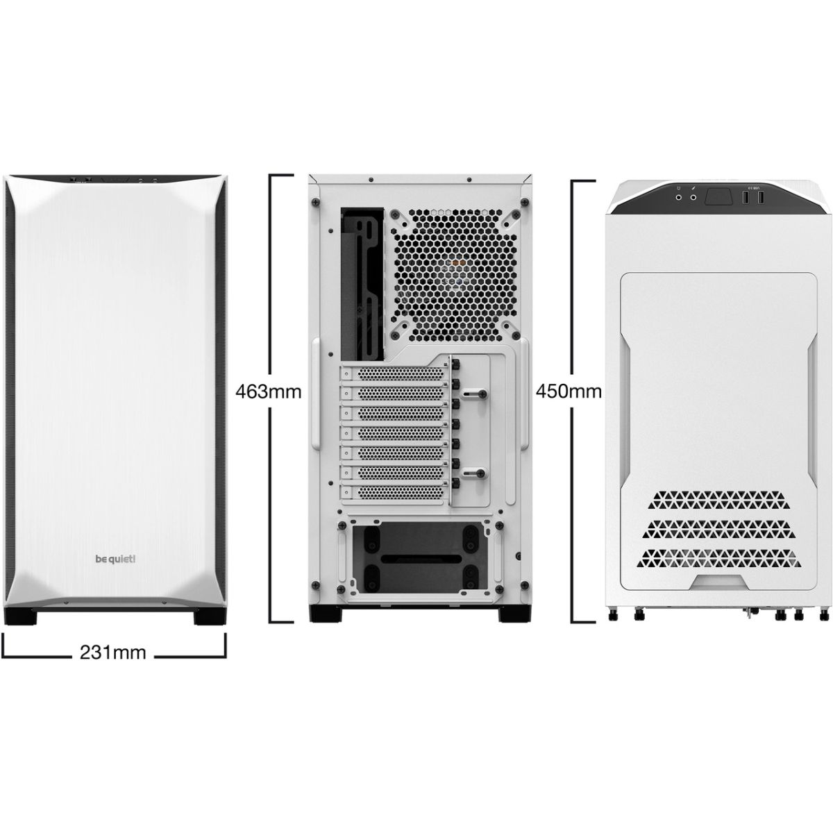 Drie aanzichten van een witte computerkast met afmetingen.
