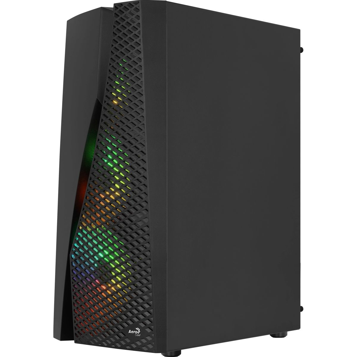 Zwarte pc-behuizing, getextureerd frontpaneel met RGB-verlichting, schuine weergave. Aero-logo zichtbaar.