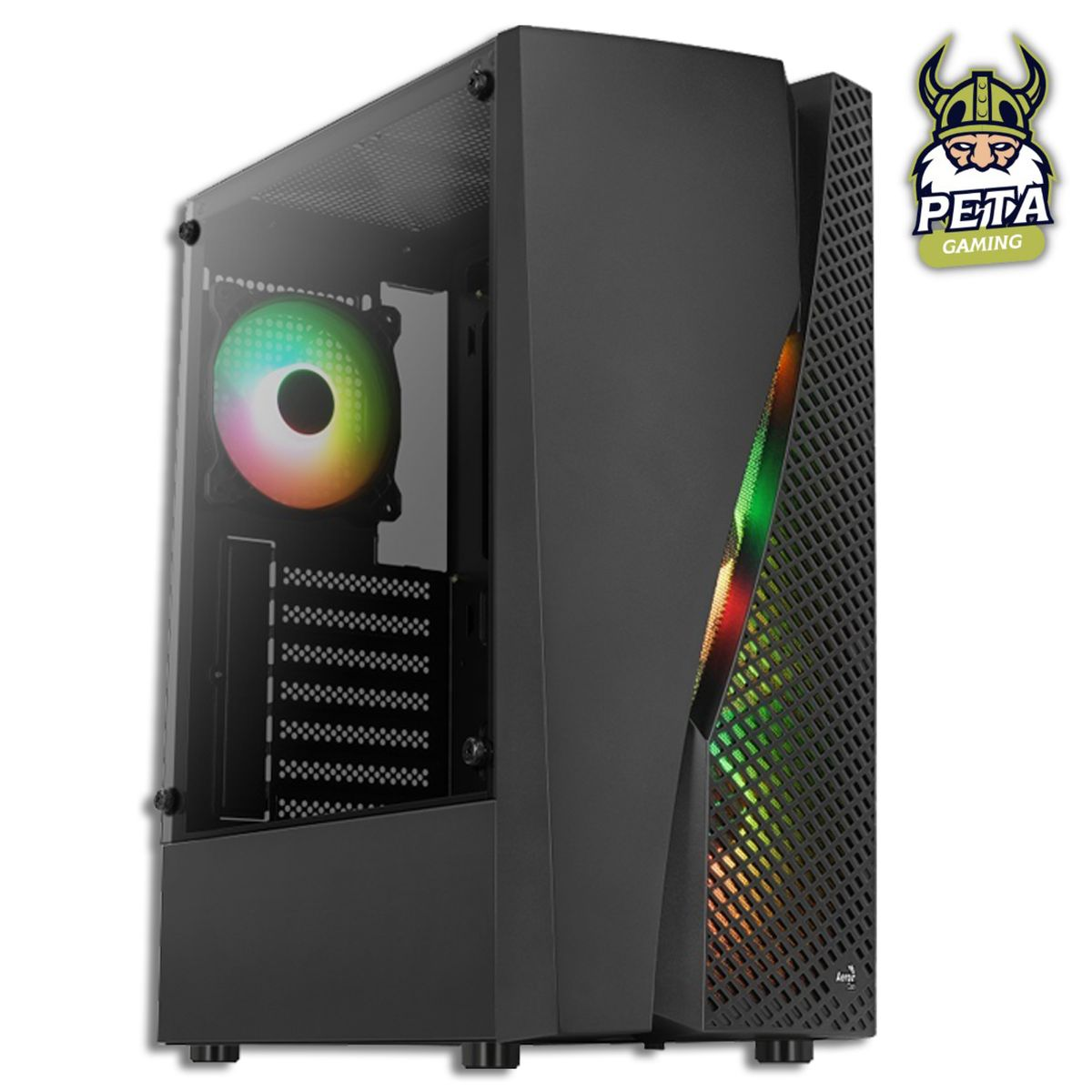 Zwarte pc-behuizing met RGB-verlichting op het voorpaneel. PETA GAMING-logo rechtsboven.