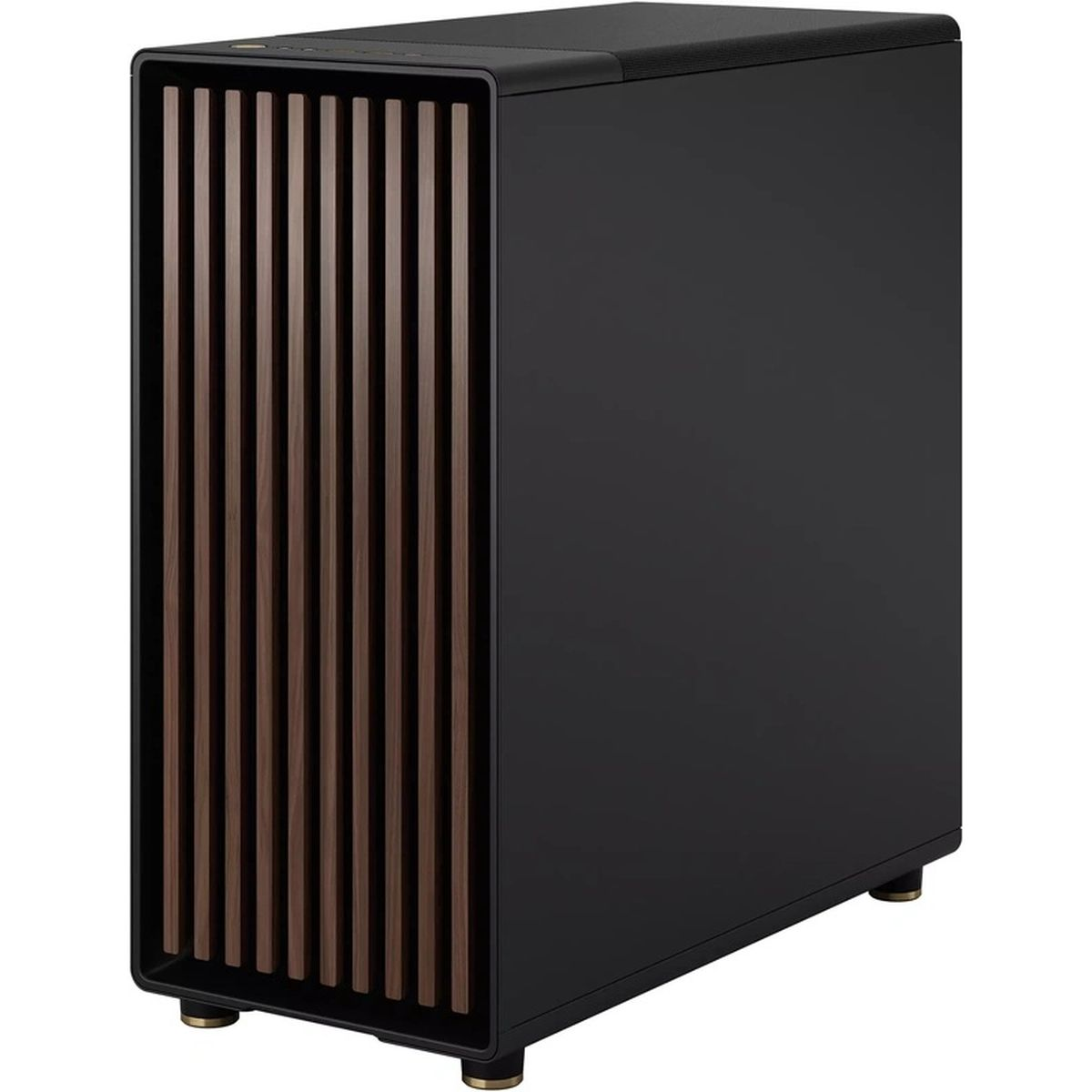 Zwarte pc-kast met houten voorkant, verticale houten lamellen en een zwarte bovenkant.