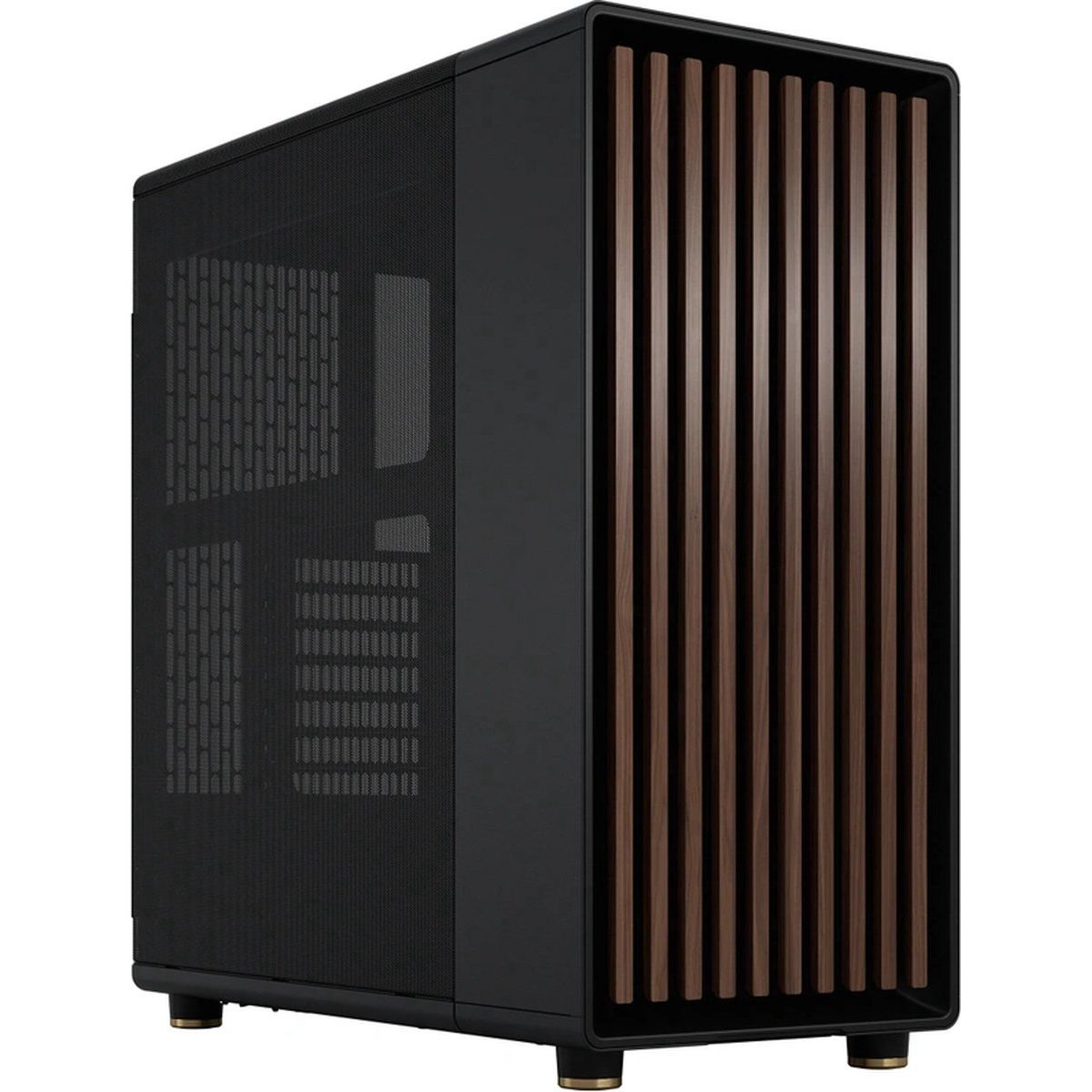 Een zwarte computerkast met bruine houten lamellen op het voorpaneel.
