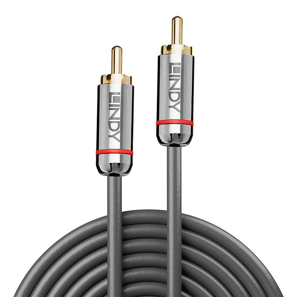 Two RCA cables, silver body, gold pins, red ring. 'LINDY' printed. Coiled grey cable. White background.