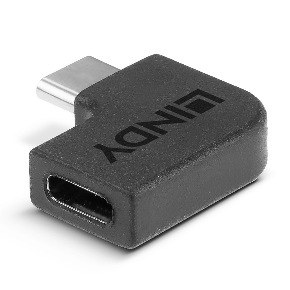 Czarny adapter USB-C z kątem 90 stopni. Widoczna nazwa marki 'LINDY'.