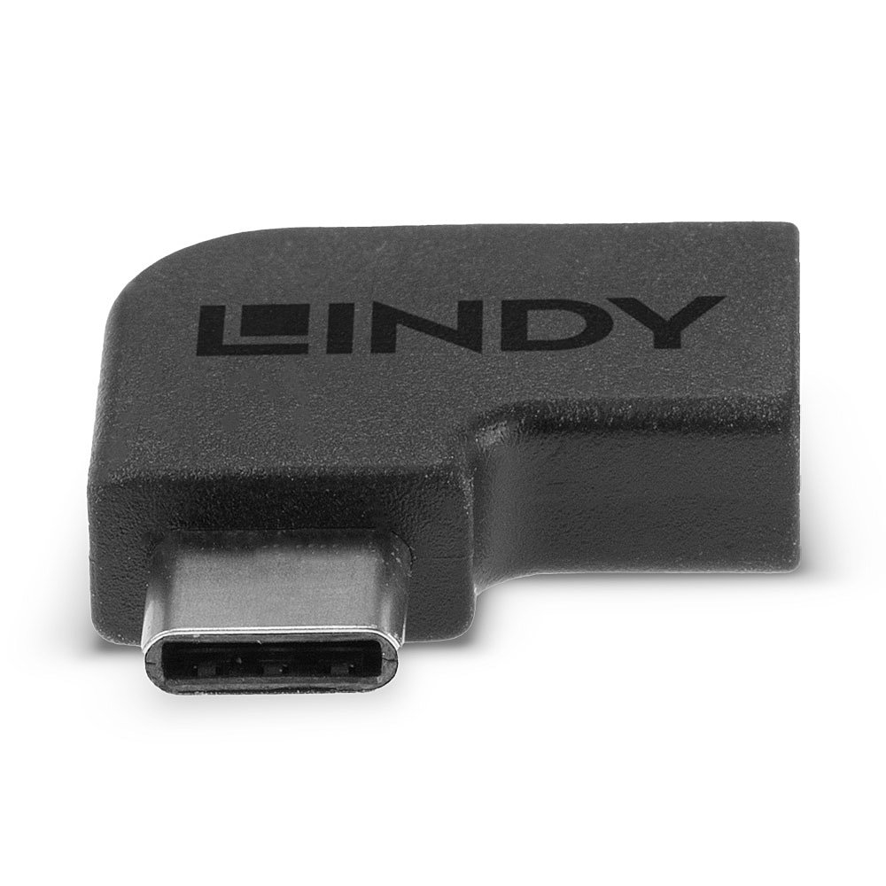 Czarny kątowy adapter USB-C z napisem 'LINDY'. Adapter jest w kształcie litery L i metalowy.