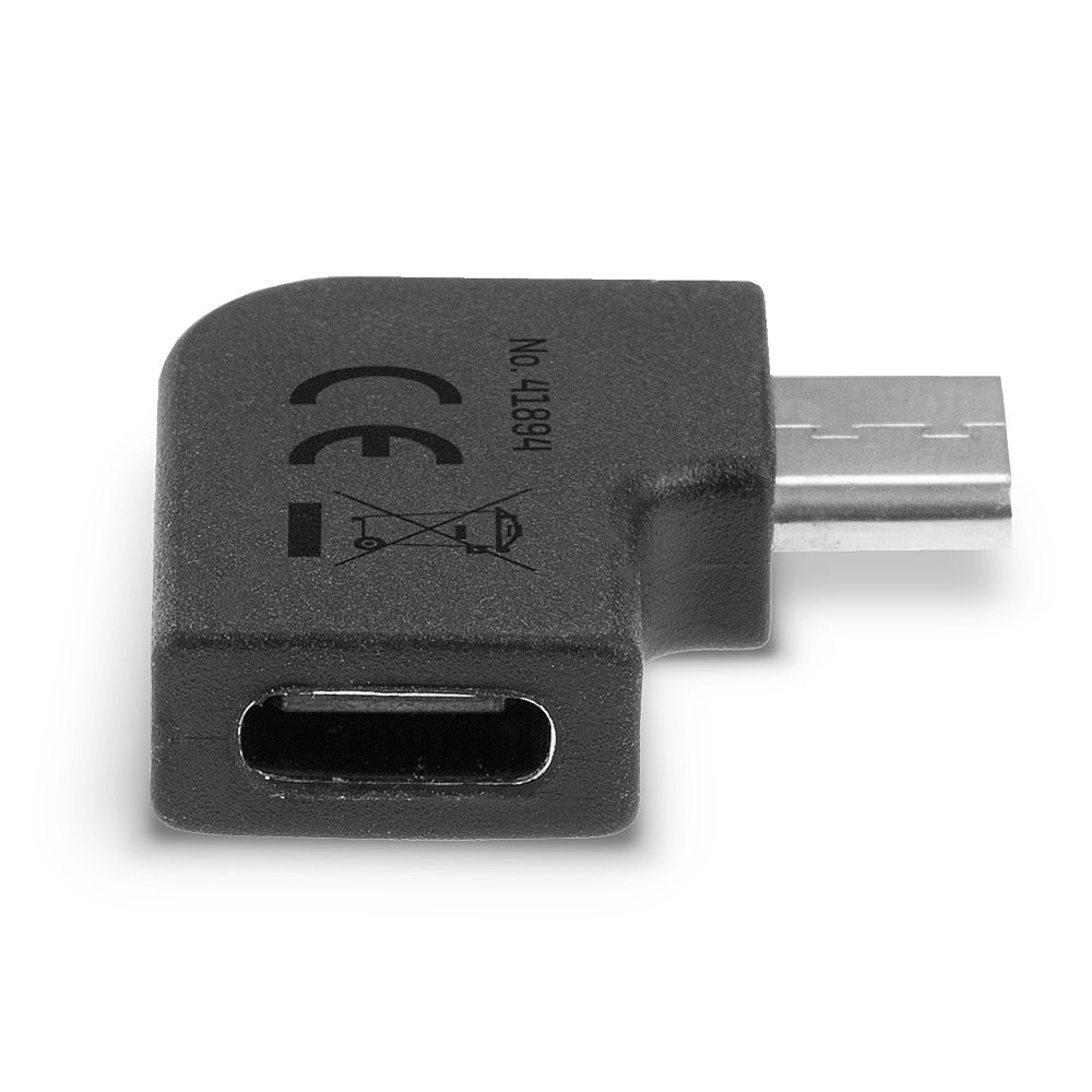 Czarny adapter USB-C do Micro USB, kątowy. Z boku znajduje się logo i numer, białe tło.