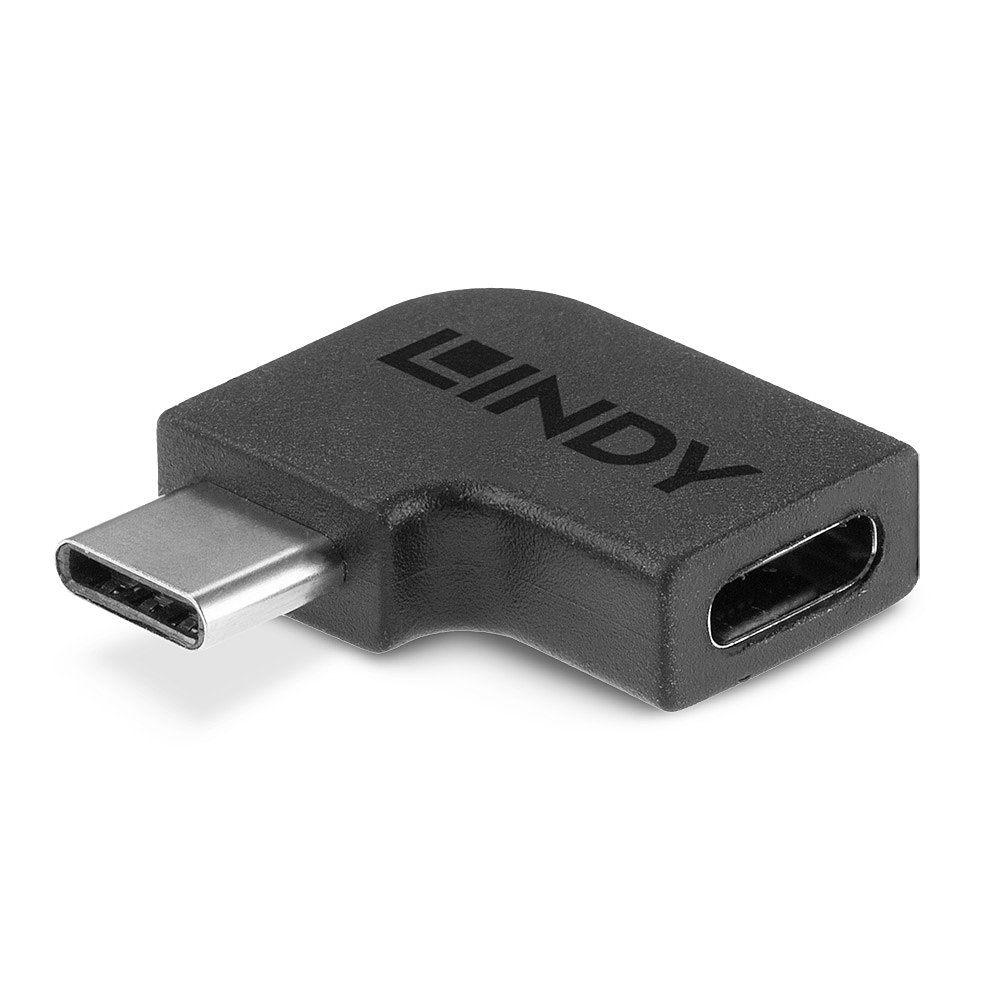 Czarny adapter USB-C LINDY na białym tle. Kątowa konstrukcja.