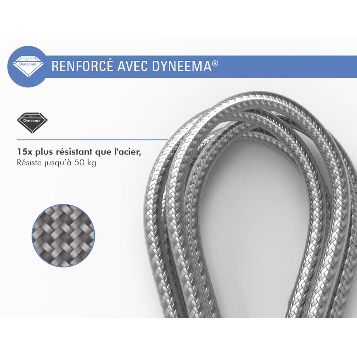 Geflochtenes silbernes Kabel, verstärkt mit Dyneema, mit Etikett.