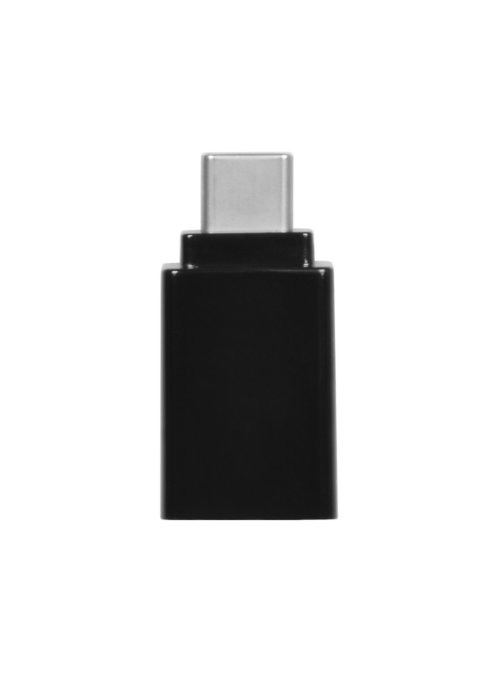 Un adattatore da USB-C a USB-A nero, con un corpo rettangolare nero e un connettore USB-C argentato.