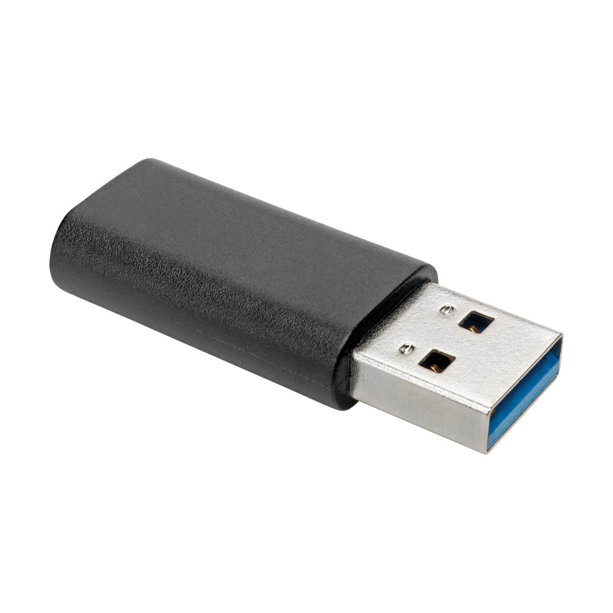 Un adattatore da USB-A a USB-C nero con interno blu su sfondo bianco.
