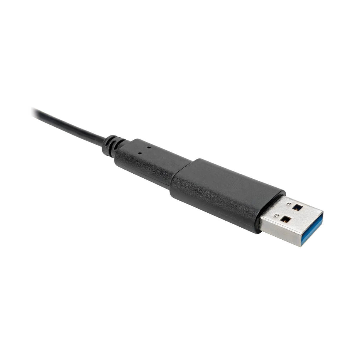 Un cavo USB con corpo nero e connettore USB-A su sfondo bianco.