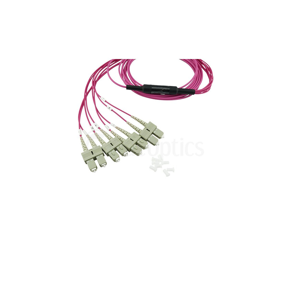 Cavi in fibra ottica rosa multipli collegati a connettori beige. Sfondo bianco.
