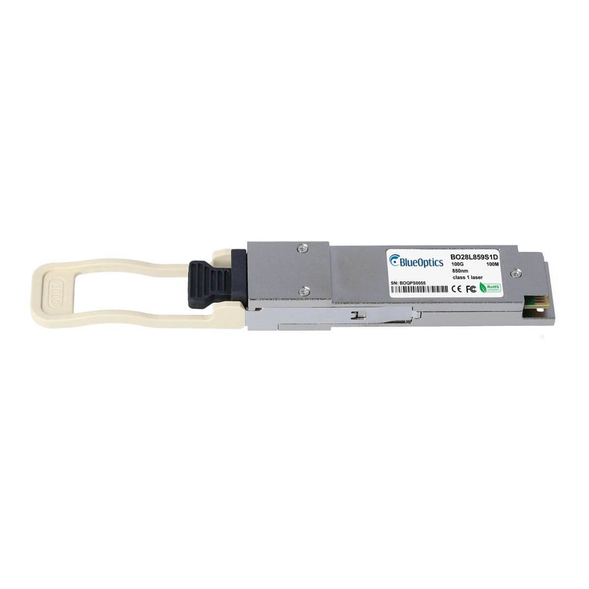 Srebrny transceiver SFP+ BlueOptics z czarnym uchwytem.